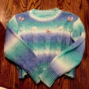 Blue sweater with butterflies-the brand is unknown.